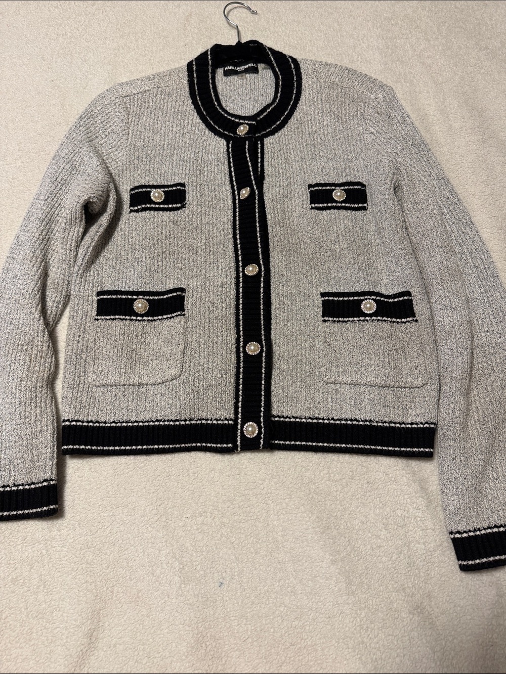 Karl Lagerfeld Black & Gray Cropped Knit Cardigan Jacket